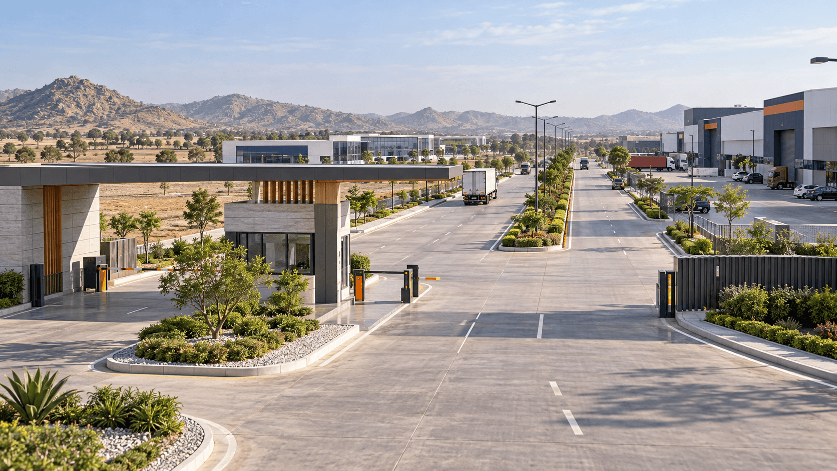 Modern commercial plotted development with broad roads and landscaped business infrastructure