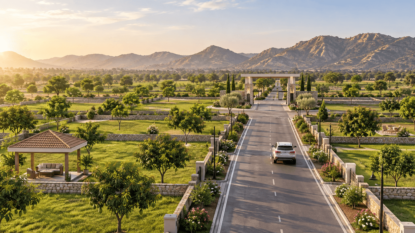 Premium farm plot development with internal road, green holdings and Aravalli hills