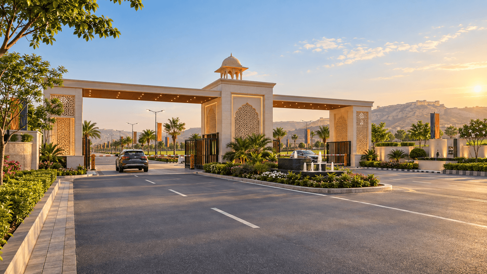 Premium planned township entrance with landscaped roads inspired by Jaipur developments