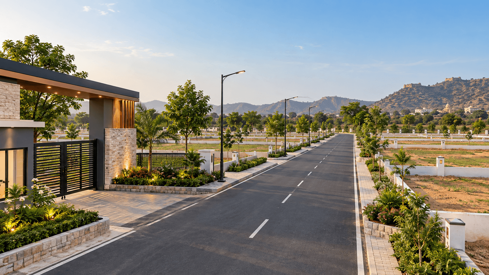 Planned residential plotted township with internal roads and landscaped plot boundaries